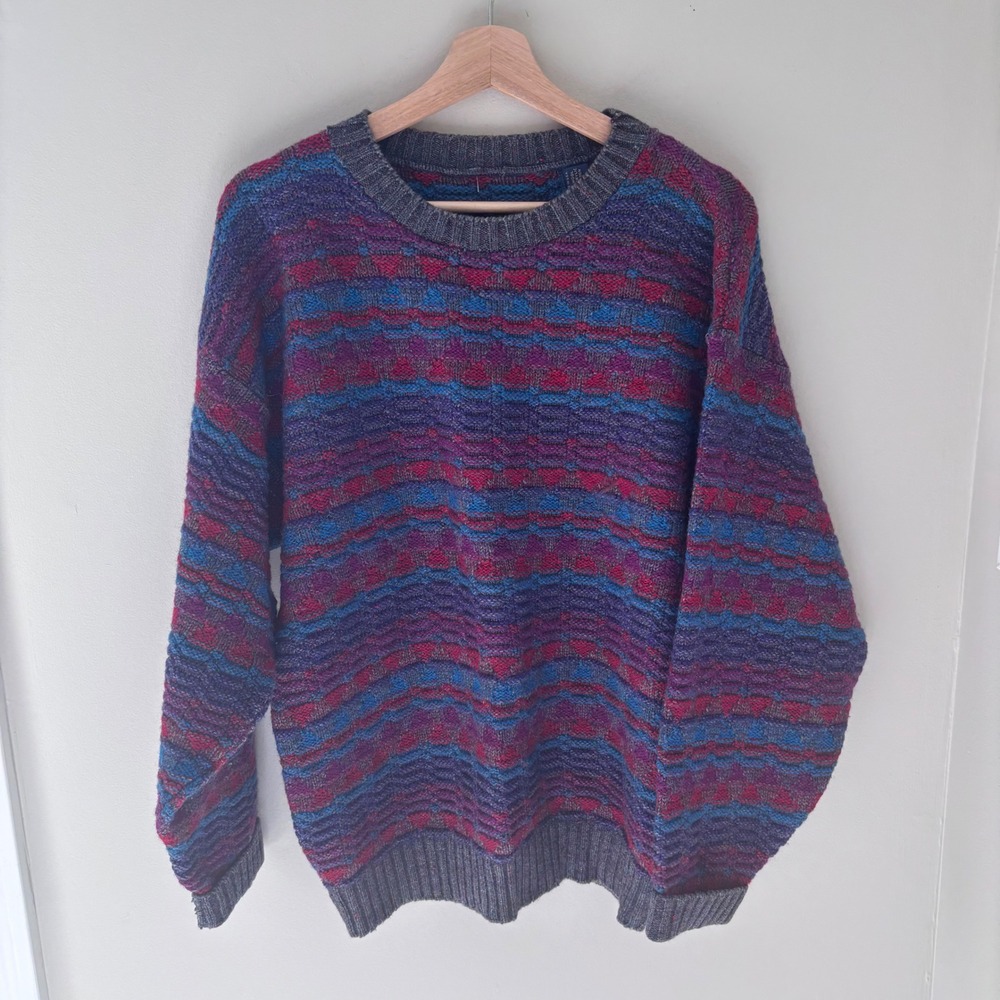 VTG Wool Blend Sweater Multicolor Striped Knit Grandpa Oversized Grunge USA Sz M